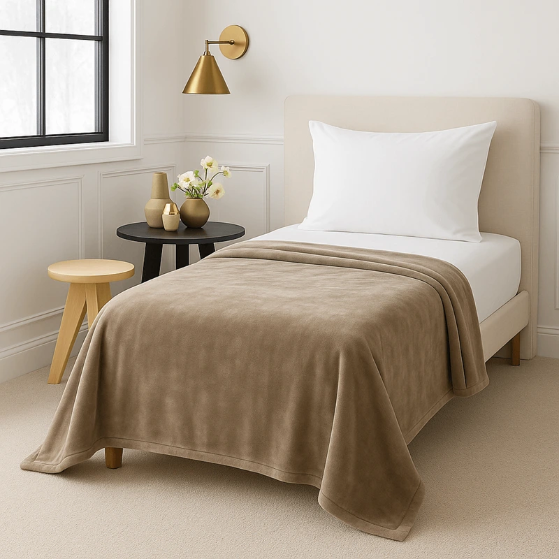 Μονή κουβέρτα βελουτέ σε μπεζ χρώμα, διαστάσεων 150x220 εκ., εξαιρετικά απαλή και ζεστή για άνετο ύπνο.