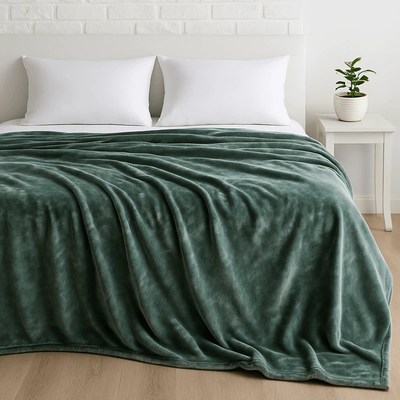 Κουβέρτα βελουτέ υπέρδιπλη σε απόχρωση olive, απαλή και ζεστή, ιδανική για cozy χειμωνιάτικες νύχτες.