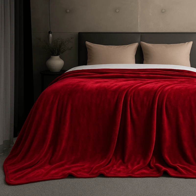 Κουβέρτα βελουτέ υπέρδιπλη σε χρώμα κόκκινο του κρασιού, απαλή και ζεστή, ιδανική για χειμωνιάτικες νύχτες.